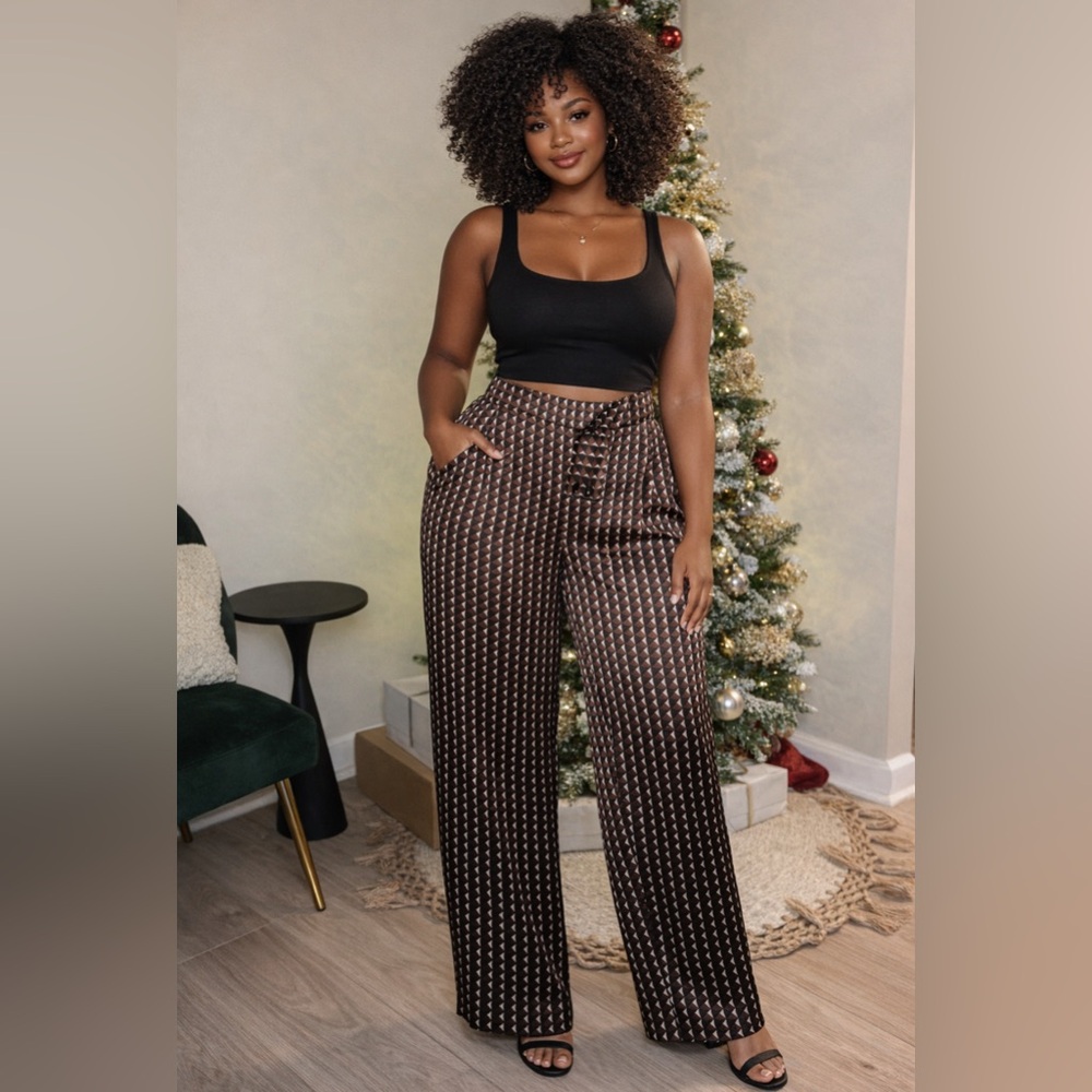 Banana Republic Sateen Wide Leg Geometric Printed Pants Color: Black/Brown
